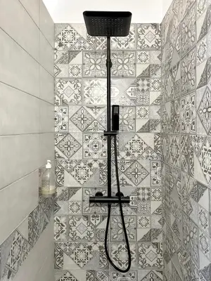 a bathroom with a shower with a tile wall at Appartement I Bastide La Gravière I Electio in Lourmarin