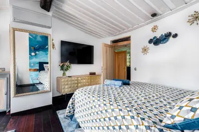 a bedroom with a bed and a mirror and a tv at Aux Heures Bleues in LʼIsle-sur-la-Sorgue