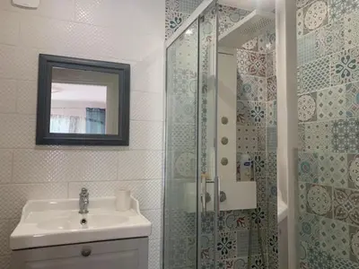 a bathroom with a sink and a shower at La Miougrano in Plan-dʼOrgon