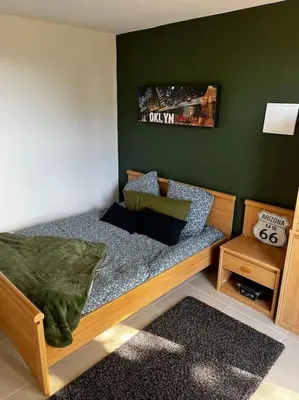 a bed in a room with a green wall at La villa Rosa in Bédoin