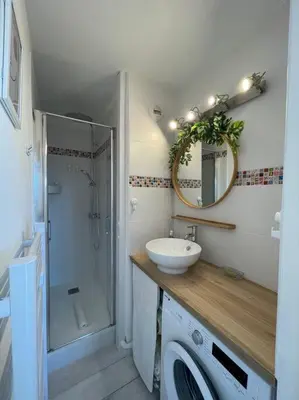 a bathroom with a sink and a washing machine at Charmant Studio à 5 min d’Aix en Provence in Aix-en-Provence