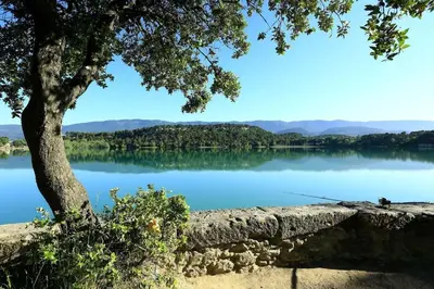 a view of a lake with a tree at Provensa - love room avec balneo et terrasse avec vue in Pertuis