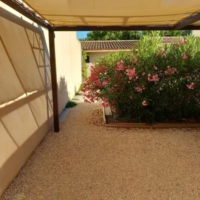 a garden with pink flowers next to a building at Gîte Le Jasmin in Le Thor