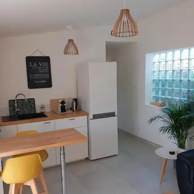 a kitchen with a white refrigerator and a table at Gîte Le Jasmin in Le Thor