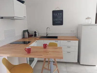 a kitchen with a wooden table and a refrigerator at Gîte Le Jasmin in Le Thor