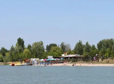 a beach with umbrellas and people on the beach at Maison en Provence in Entraigues-sur-la-Sorgue