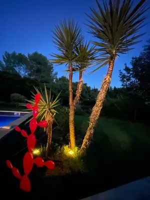 two palm trees with lights in front of a yard at Domaine d'Hestia le gite Victoria in Rognes