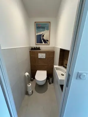 a small bathroom with a toilet and a sink at Gîte des Pape in Bédoin