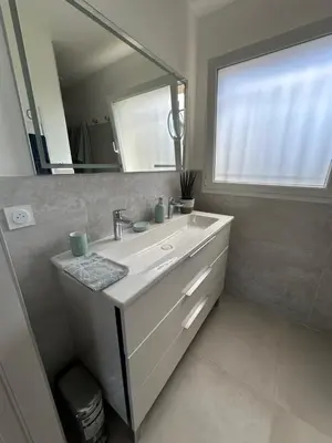 a bathroom with a sink and a large mirror at Gîte des Pape in Bédoin