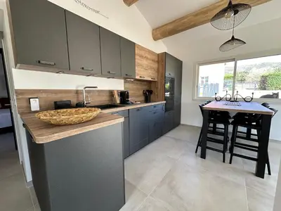 a kitchen with a sink and a counter with a table at Gîte des Pape in Bédoin