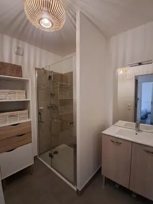 a bathroom with a shower and a sink and a mirror at Appartement cosy centre Robion in Robion en Luberon