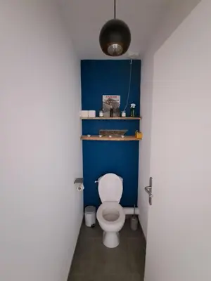 a bathroom with a toilet with a blue wall at Appartement cosy centre Robion in Robion en Luberon