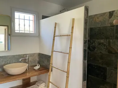 a bathroom with a sink and a shower at La jasse in Cabrières-dʼAigues