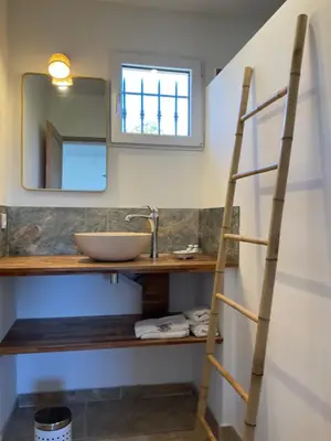 a bathroom with a ladder next to a sink at La jasse in Cabrières-dʼAigues