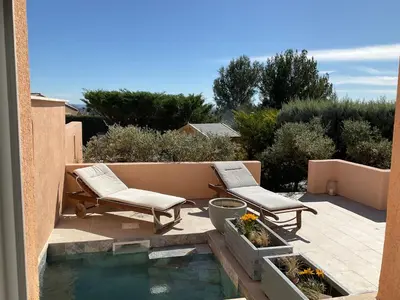 a patio with two chairs and a pool of water at La jasse in Cabrières-dʼAigues