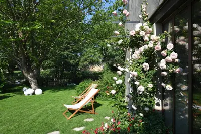 a garden with a bench and roses in a yard at Profitez de la quiétude en bord de rivière, à 5 min du centre ville in LʼIsle-sur-la-Sorgue