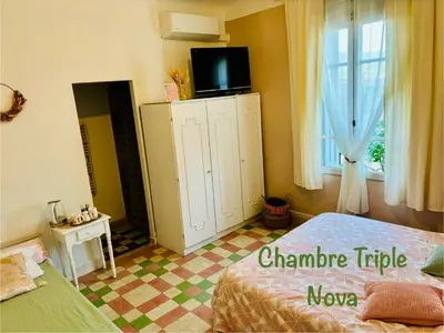 a bedroom with a bed and a tv and a window at La Cassiopée in Caromb