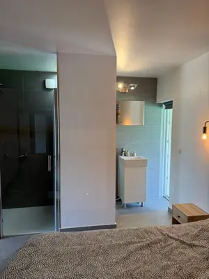 a bathroom with a shower and a sink in a room at Dépendance au sein d’une villa avec piscine in Aix-en-Provence