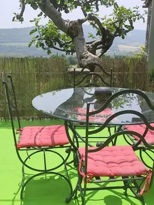 a glass table with two chairs and a tree at Gite au nid d'Ange in Lincel