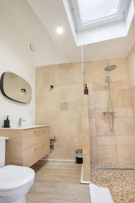 a bathroom with a shower with a toilet and a sink at Le Triplex - 8 pers - Hypercentre - Wifi in LʼIsle-sur-la-Sorgue