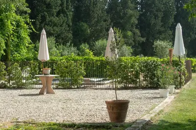 a patio with two umbrellas and a table with a plant at Proche l'Isle/Sorgue, loft avec SPA et Piscine in Le Thor