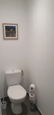 a bathroom with a toilet and a picture on the wall at CHRIS LE VERGER in Saignon