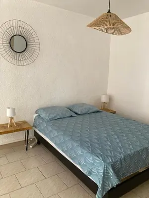 a bedroom with a bed and a mirror on the wall at Spacieux 2 chambres, CLIM, parking prive ferme, LOCAL VELOS in Entraigues-sur-la-Sorgue