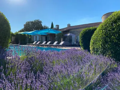a garden with purple flowers and a pool with umbrellas at La maison de Inna in Bonnieux