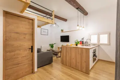 a kitchen and living room with a wooden door at Studio Aixois Mezzanine in Aix-en-Provence