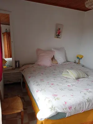 a bedroom with a bed with pink pillows at T3 campagne Aix-en-Provence in Meyrargues