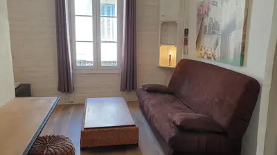 a living room with a brown couch and a table at Appartement 2 pieces centre ville in Salon-de-Provence