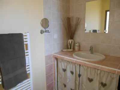 a bathroom with a sink and a mirror at Le Cabanon d'Amandine et Gabriel in Blauvac