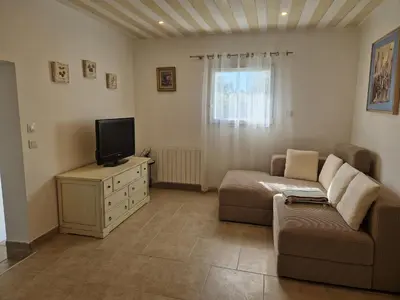 a living room with a couch and a tv at la Cigalière in LʼIsle-sur-la-Sorgue