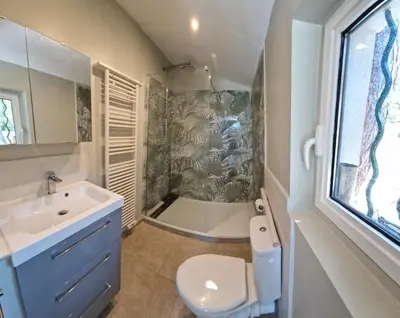 a bathroom with a sink and a toilet and a shower at la Cigalière in LʼIsle-sur-la-Sorgue