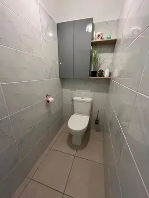 a bathroom with a toilet and a tiled wall at Villa Mirabelle 4 personnes in Châteauneuf-de-Gadagne