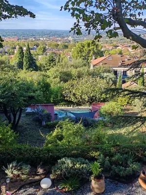 a view of a garden with plants and a swimming pool at chambre d'hote de charme 
