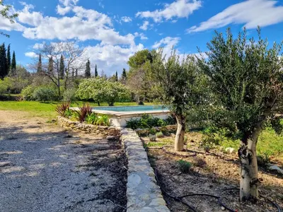 a swimming pool in a garden with trees at Les copains d'abord ! in Lacoste