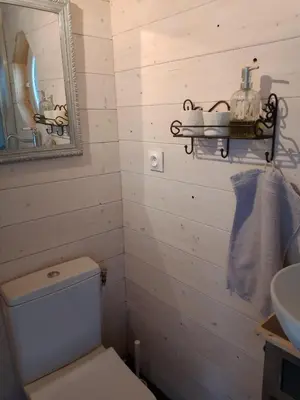 a bathroom with a toilet and a mirror and a sink at Roulotte Karlotte in Pernes-les-Fontaines
