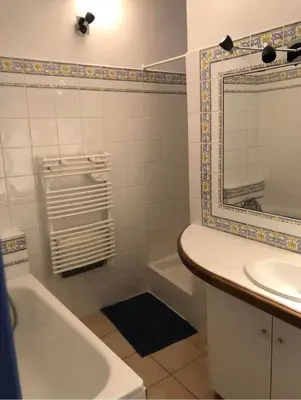 a bathroom with a tub and a sink and a mirror at La maison de vacances in Lauris