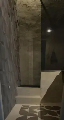 a bathroom with a shower with a stone wall at La loge familiale: 110m2, place rose goudard, AC in LʼIsle-sur-la-Sorgue