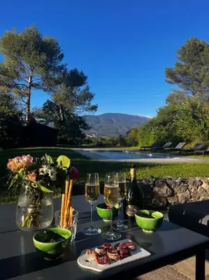 a table with glasses of wine and food on it at Mazet avec piscine, vue Ventoux in Crillon-le-Brave