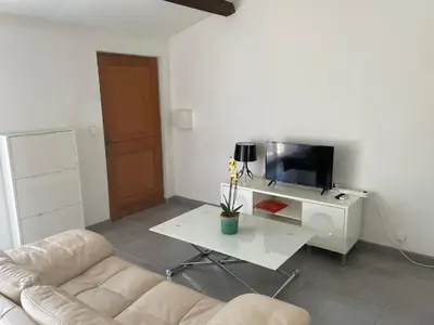a living room with a couch and a tv at Studio charmant avec terrasse in Lançon-Provence