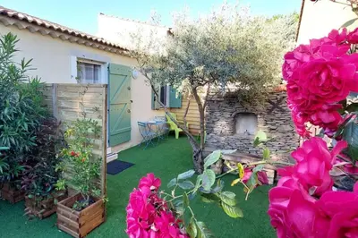 a garden with pink flowers in front of a house at Gîte de L'Olivier, classé, climatisé, jardin avec parking gratuit devant le logement et à 5 minutes du centre-ville à pied in LʼIsle-sur-la-Sorgue