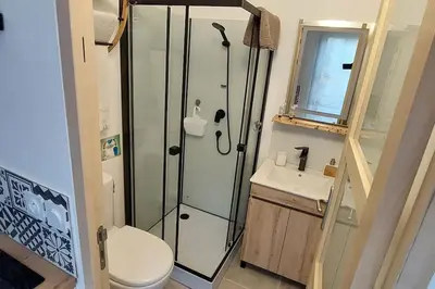 a bathroom with a shower and a toilet and a sink at Gîte de L'Olivier, classé, climatisé, jardin avec parking gratuit devant le logement et à 5 minutes du centre-ville à pied in LʼIsle-sur-la-Sorgue
