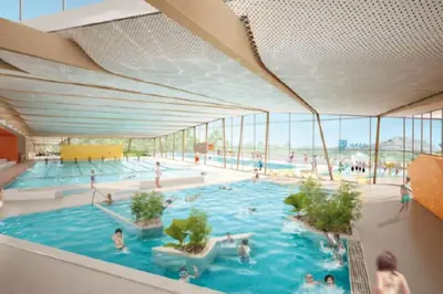 a rendering of a swimming pool with people in it at Les Merles : joli studio dans la campagne Aixoise. in Venelles