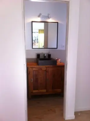 a bathroom with a sink and a mirror at Les Merles : joli studio dans la campagne Aixoise. in Venelles
