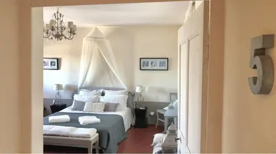 a bedroom with a bed and a chandelier at ELIA HOUSE in Goult