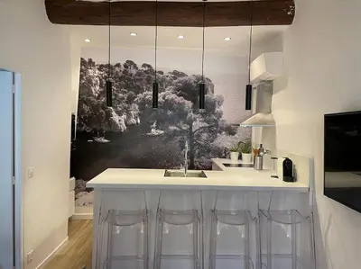 a kitchen with a kitchen island with a sink at Mazarin Suite Centre ville historique proche cours Mirabeau in Aix-en-Provence