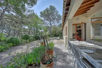 a patio with a table and chairs and trees at Grande villa avec piscine près d'Avignon - Jonquerettes in Jonquerettes