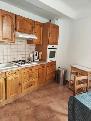 a kitchen with wooden cabinets and a stove top oven at Apt capitale du Luberon appartement 3 chambres 4 lits in Apt